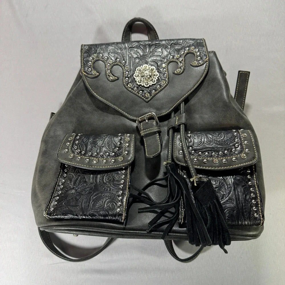 Montana West Womens Western Tooled Studded Backpack Purse Charcoal Gray Black